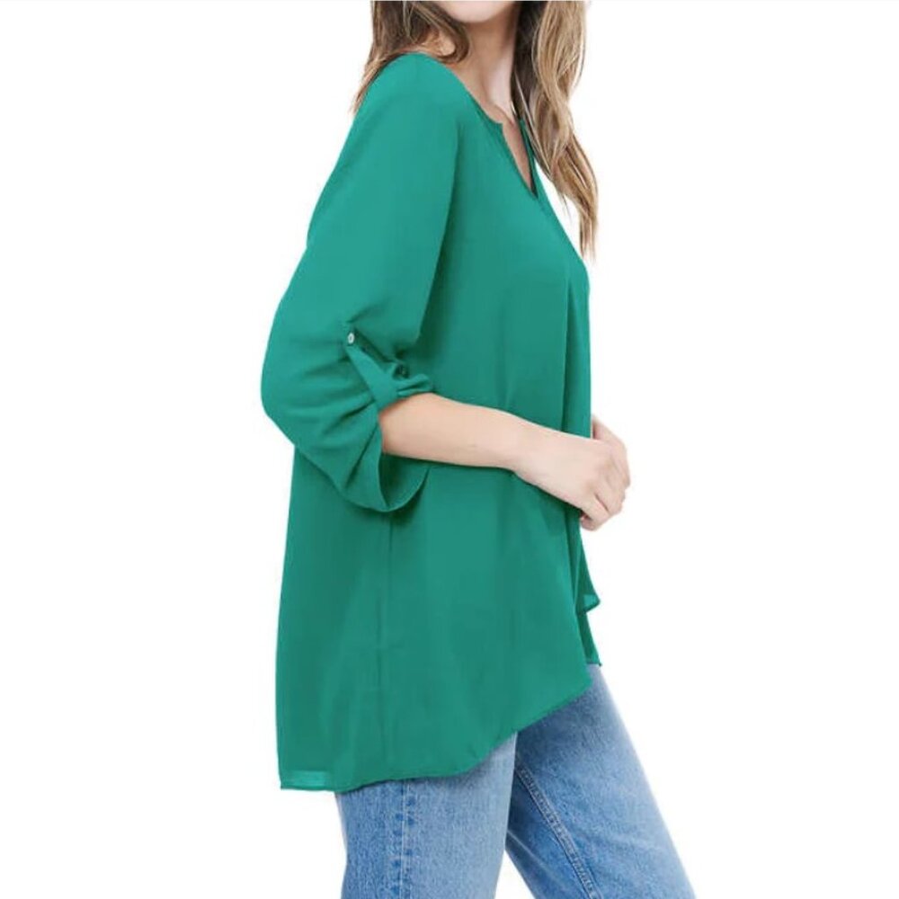 Christina B Turquoise Long Sleeve V-Neck Blouse, Size XL, High-Low Style - Picture 2 of 7